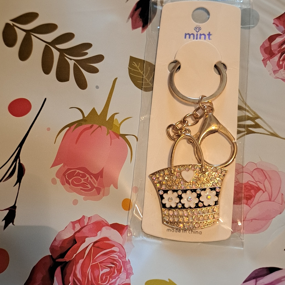 Mint Gold,white and Black Floral Keychain Charm